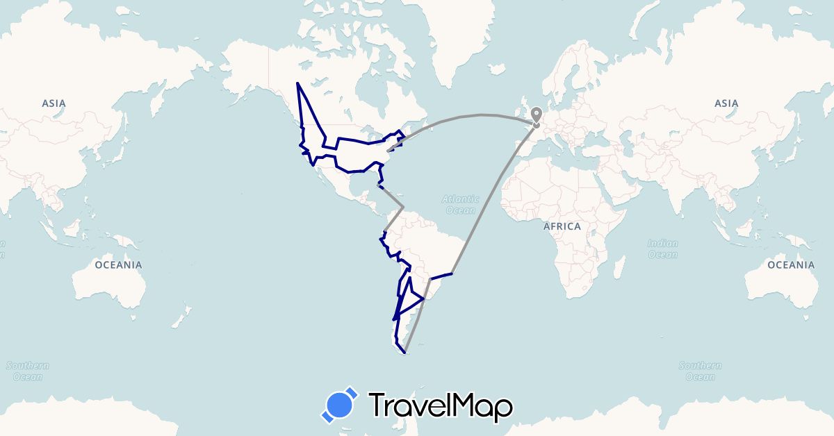 TravelMap itinerary: driving, plane in Argentina, Bolivia, Brazil, Canada, Chile, Cuba, Ecuador, France, Peru, United States (Europe, North America, South America)